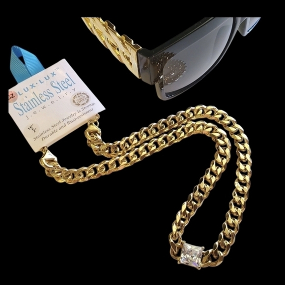 No brand Jewelry - Cuban Chain Link Stainless Steel Necklace with Square CZ Pendant